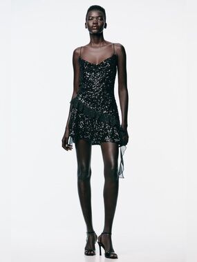 Zara NWT Black Sequin Ruffle Trim Mini Spaghetti Strap Dress (Size Large)